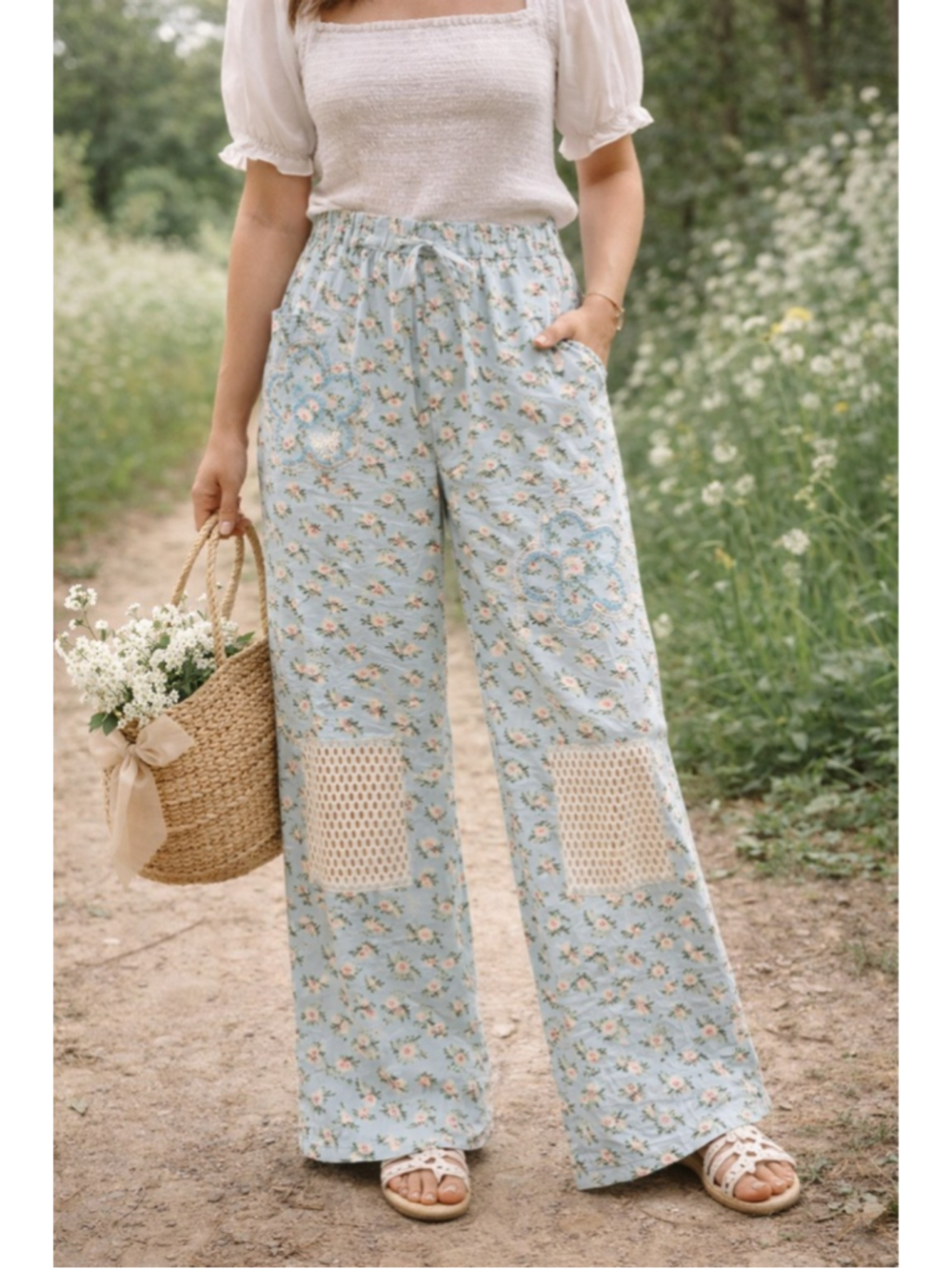 POL Floral Patchwork Wide Leg Pants Cottagecore Boho Cotton Blue Size M